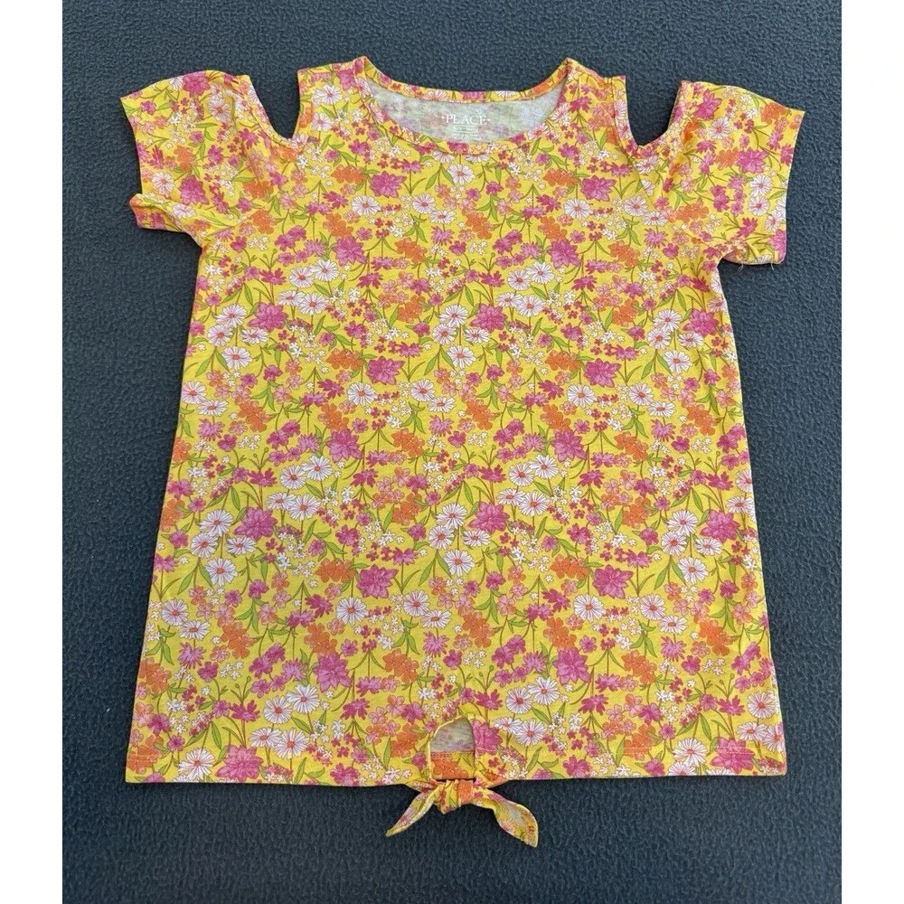 The Children's Place Girls 10-12 Yellow/Pink Floral Cold Shoulder Bow Tee Top